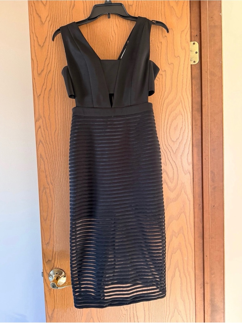 Mustard Seed Black V-Neck Midi Dress with Sheer Stripe Skirt